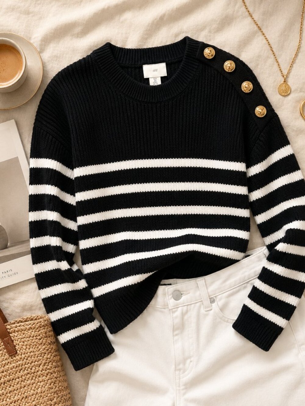 H&M Nautical Striped Sweater Gold Button Coastal Grandmother Medium